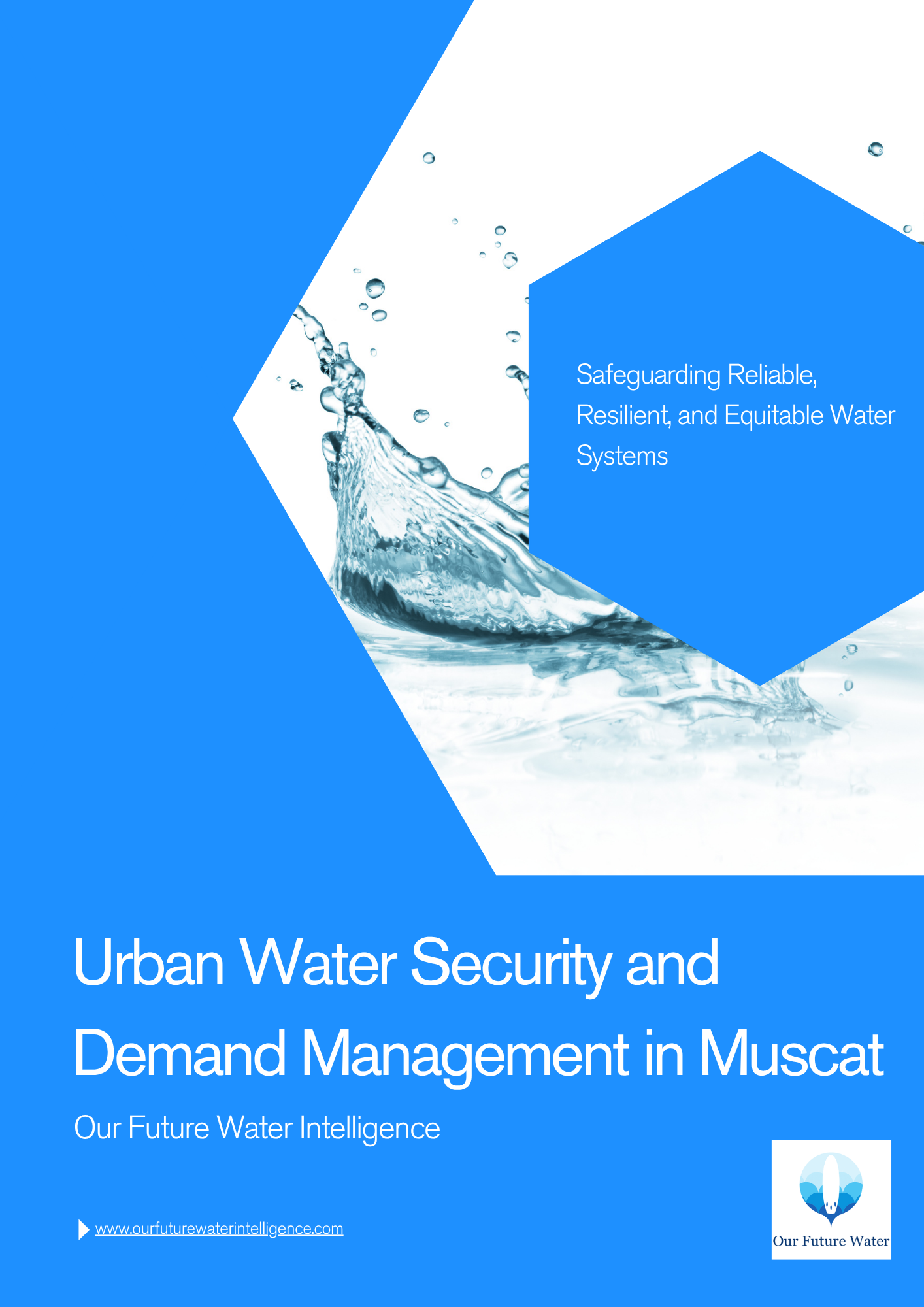 Brochure cover about urban water security and demand management in Muscat with water splash design.