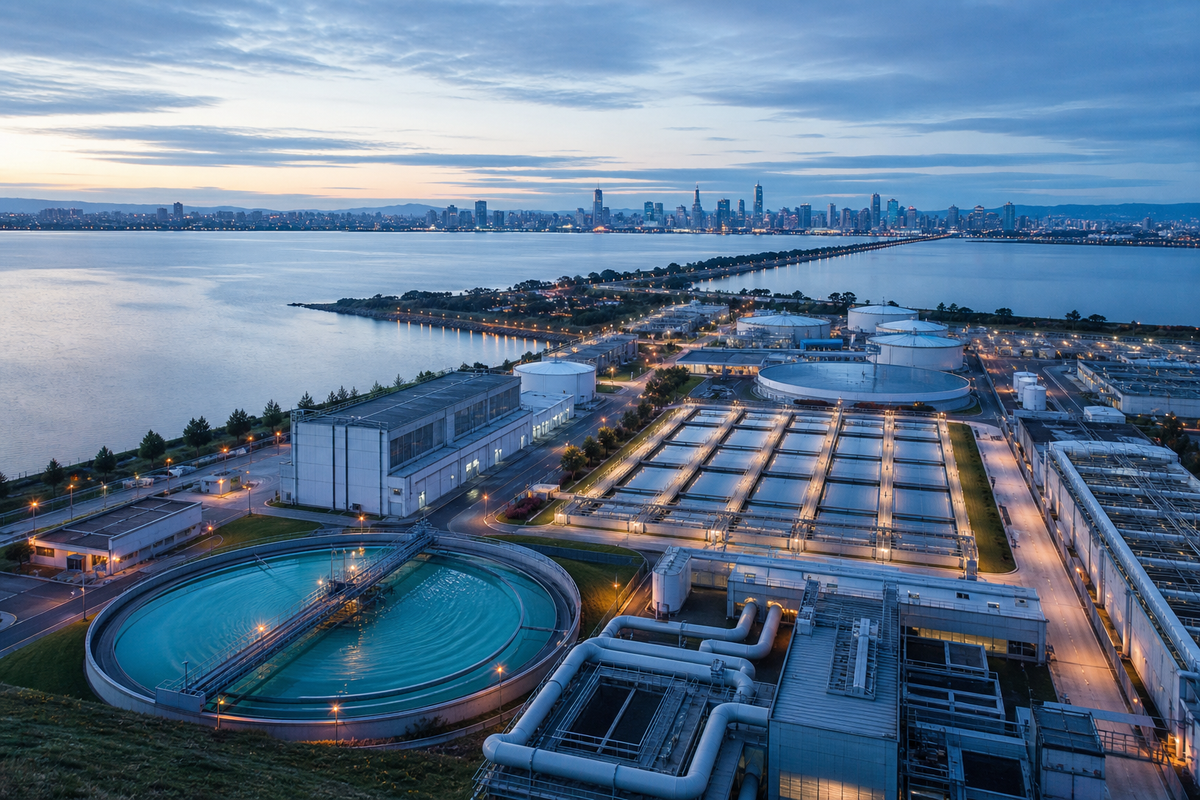 Aerial view of a large wastewater treatment facility with circular clarifiers and rectangular aeration tanks, situated beside a large body of water with a city skyline in the distance at dusk.