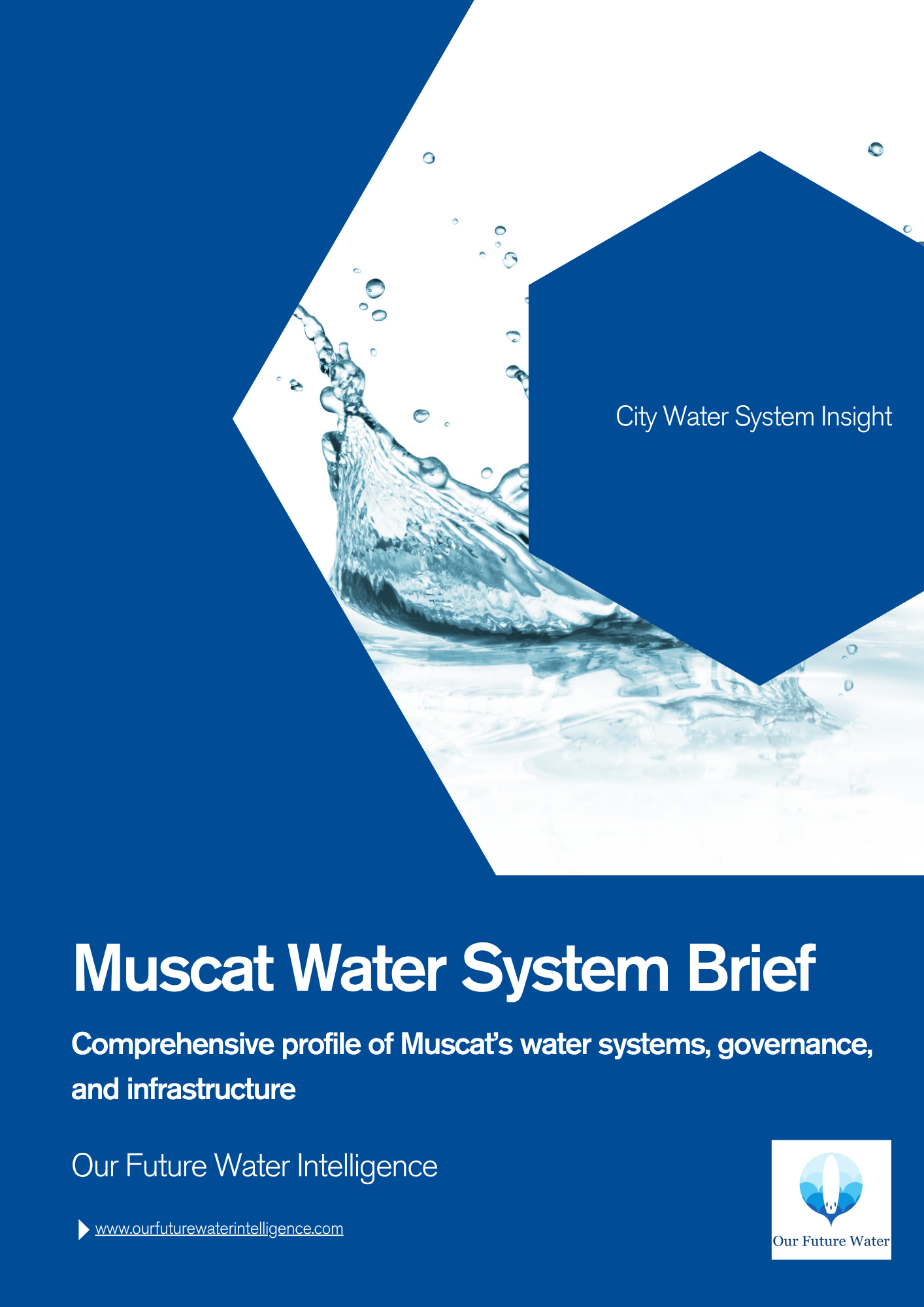 Cover page of the report Muscat Water System Brief by Our Future Water Intelligence, featuring a blue and white hexagon design with splashing water imagery and the subtitle “Comprehensive profile of Muscat’s water systems, governance, and infrastructure.”
