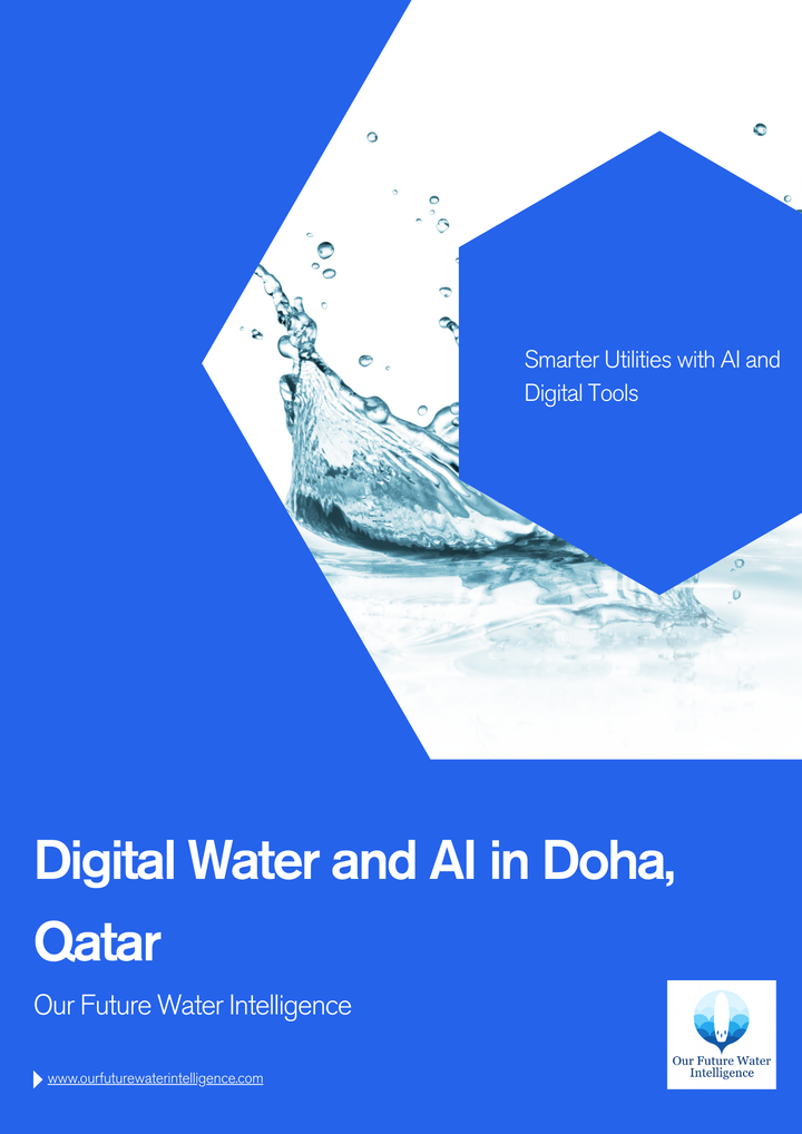 Promotional graphic for digital water and AI in Doha, Qatar by Our Future Water Intelligence with a blue and white design.