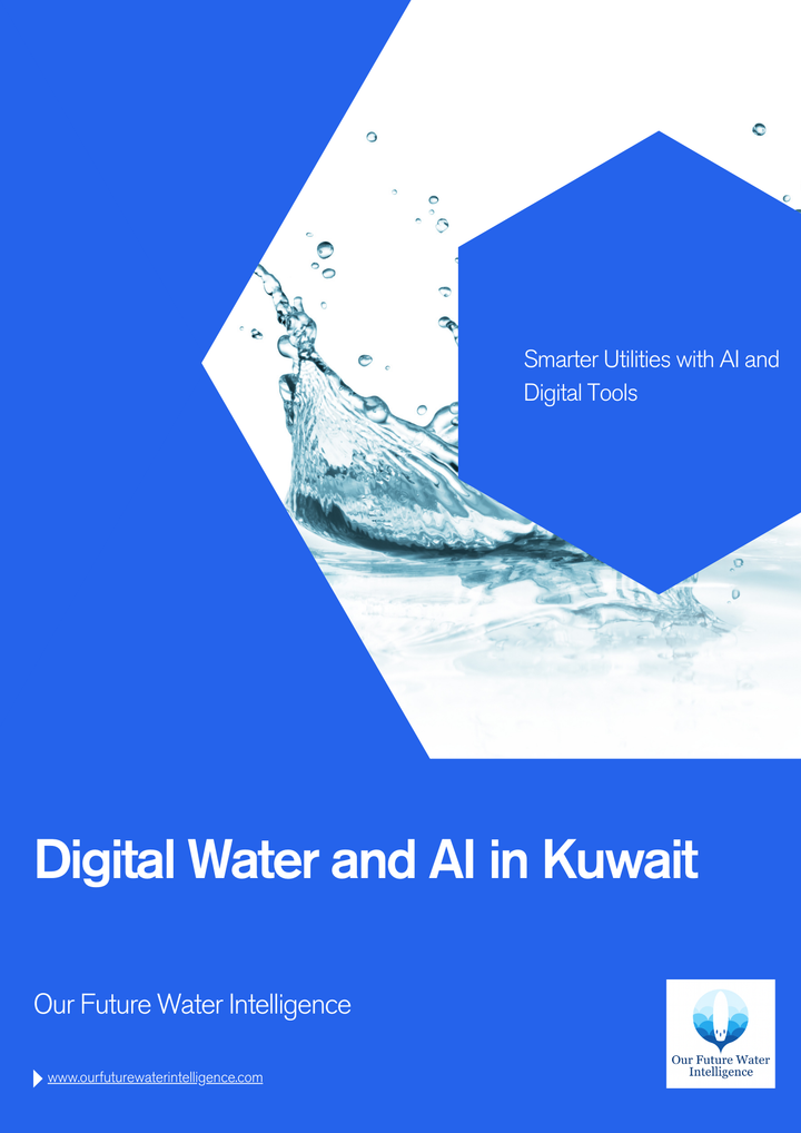 Brochure cover about digital water and AI in Kuwait Our Future Water Intelligence with blue and white design.