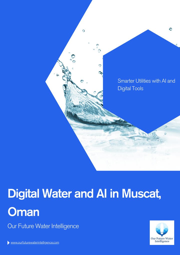 Promotional graphic for digital water and AI in Muscat, Oman report by Our Future Water Intelligence with blue and white design.