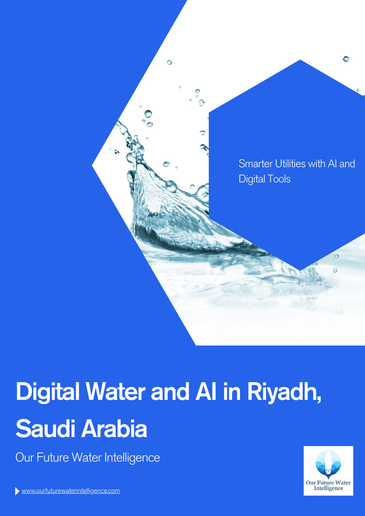 Promotional graphic for digital water and AI in Riyadh, Saudi Arabia with a blue and white color scheme of Our Future Water Intelligence.