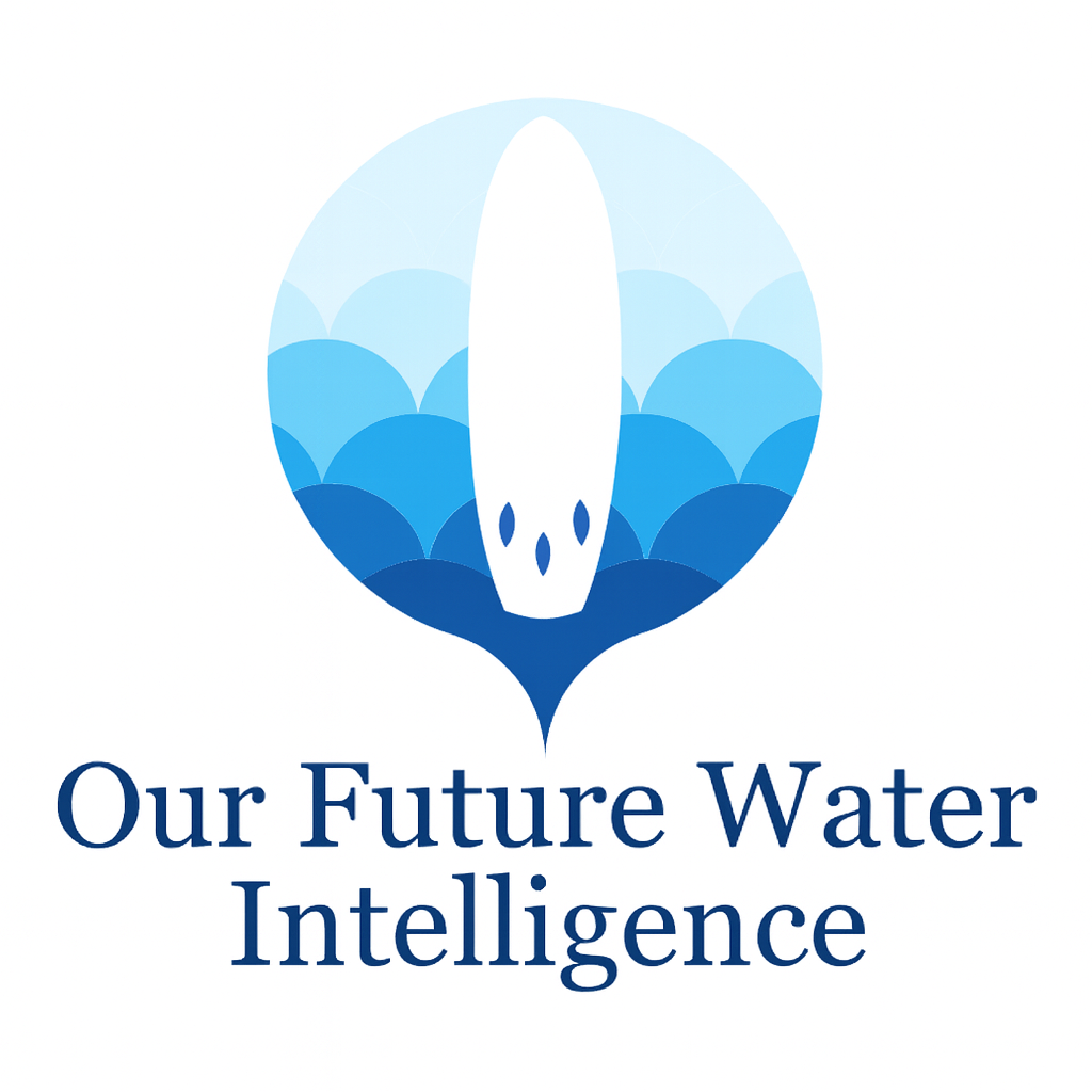 Logo of Our Future Water Intelligence featuring a stylized blue water droplet design made up of overlapping wave patterns in light to dark blue shades, symbolizing innovation, data, and sustainability in water management, with the organization’s name written below in elegant navy serif font.