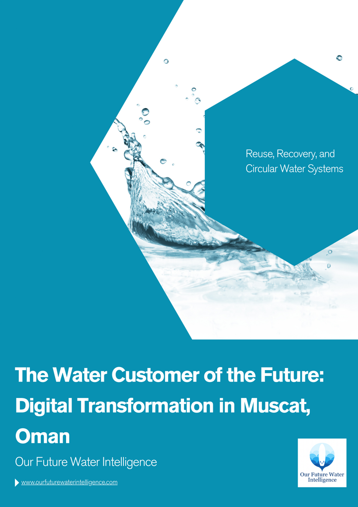 Brochure cover about digital transformation in water systems by Our Future Water Intelligence with water splash design