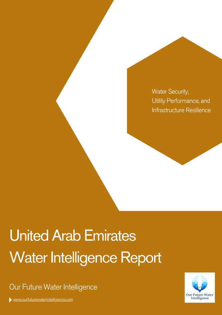 Cover of United Arab Emirates Water Intelligence Report with geometric design and text on a brown and white background.