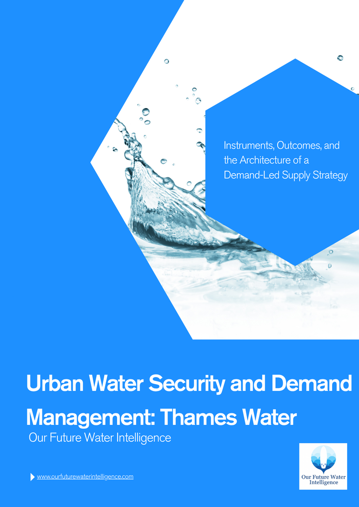 Cover of a report on urban water security and demand management by Thames Water, featuring water splashes and blue hexagonal design elements.