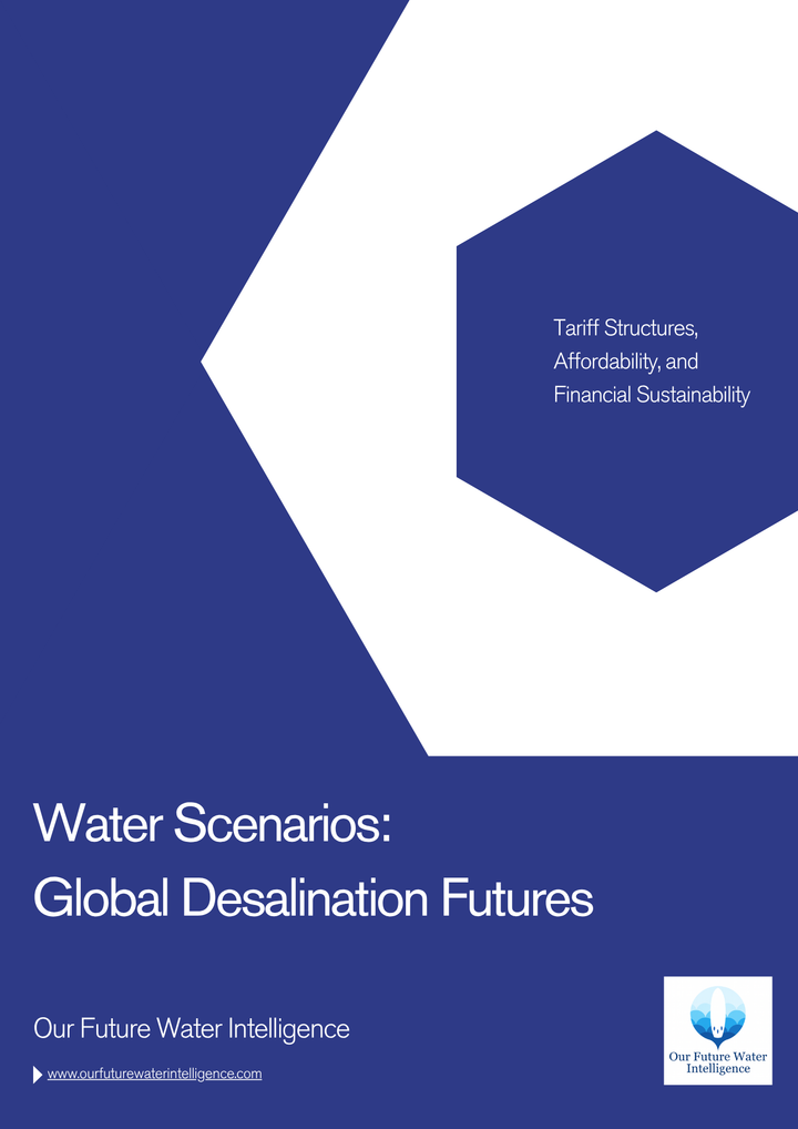 Cover of a report titled 'Water Scenarios: Global Desalination Futures' with a blue and white design.