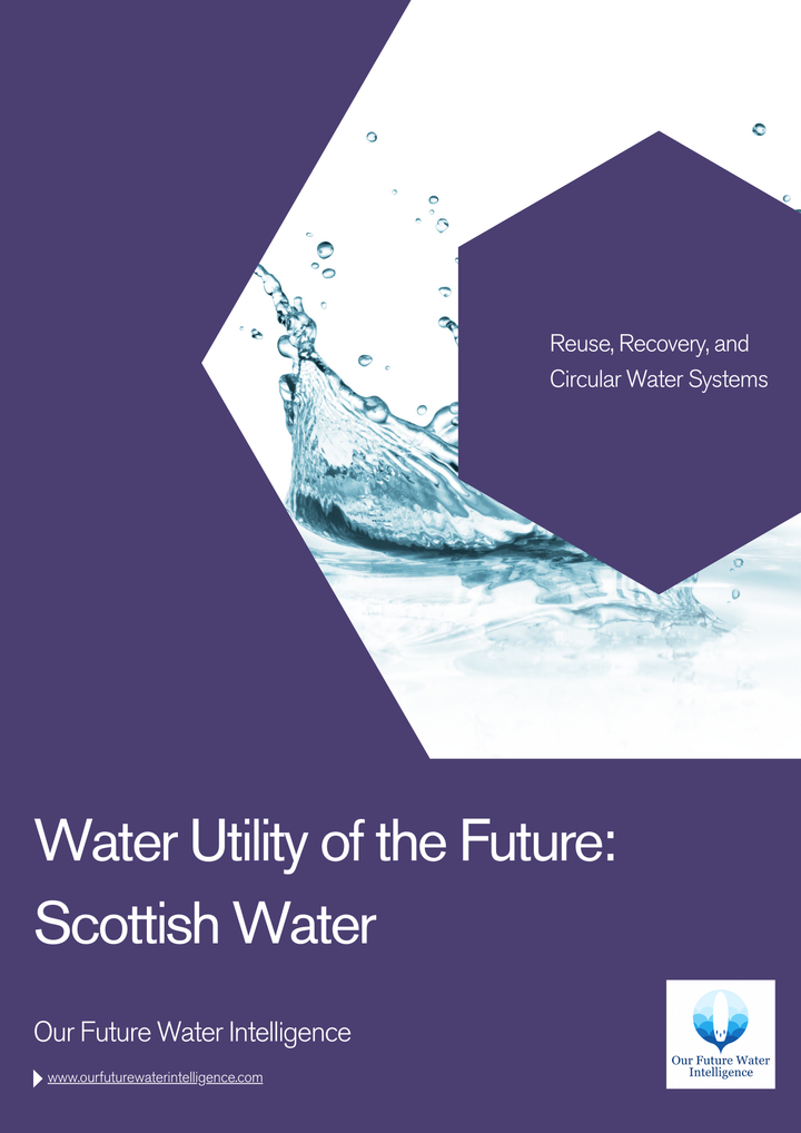 Brochure cover for 'Water Utility of the Future' for Scottish Water with water design and text on a purple background.