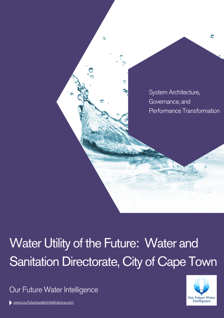 Report cover for 'Water Utility of the Future' with water splash design and text about system architecture and performance transformation.