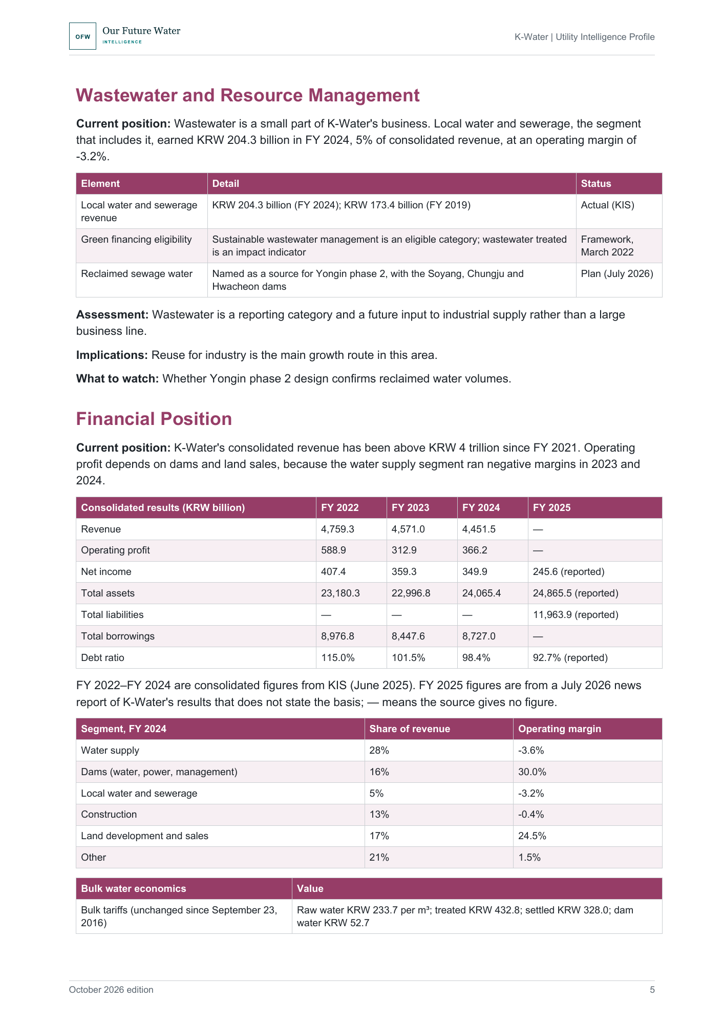 Report page with a table of K-Water consolidated revenue, operating profit, net income, assets, borrowings and debt ratio for FY 2022 to FY 2025, and a table of FY 2024 revenue shares and operating margins by segment.