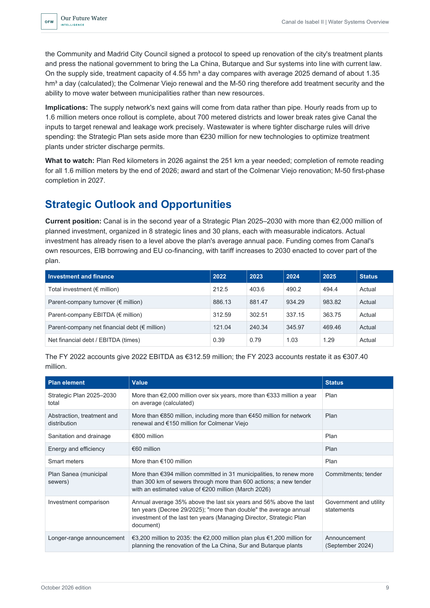 Report page with a table of investment, turnover, EBITDA and net financial debt for 2022–2025, followed by a table of Strategic Plan elements with their status.