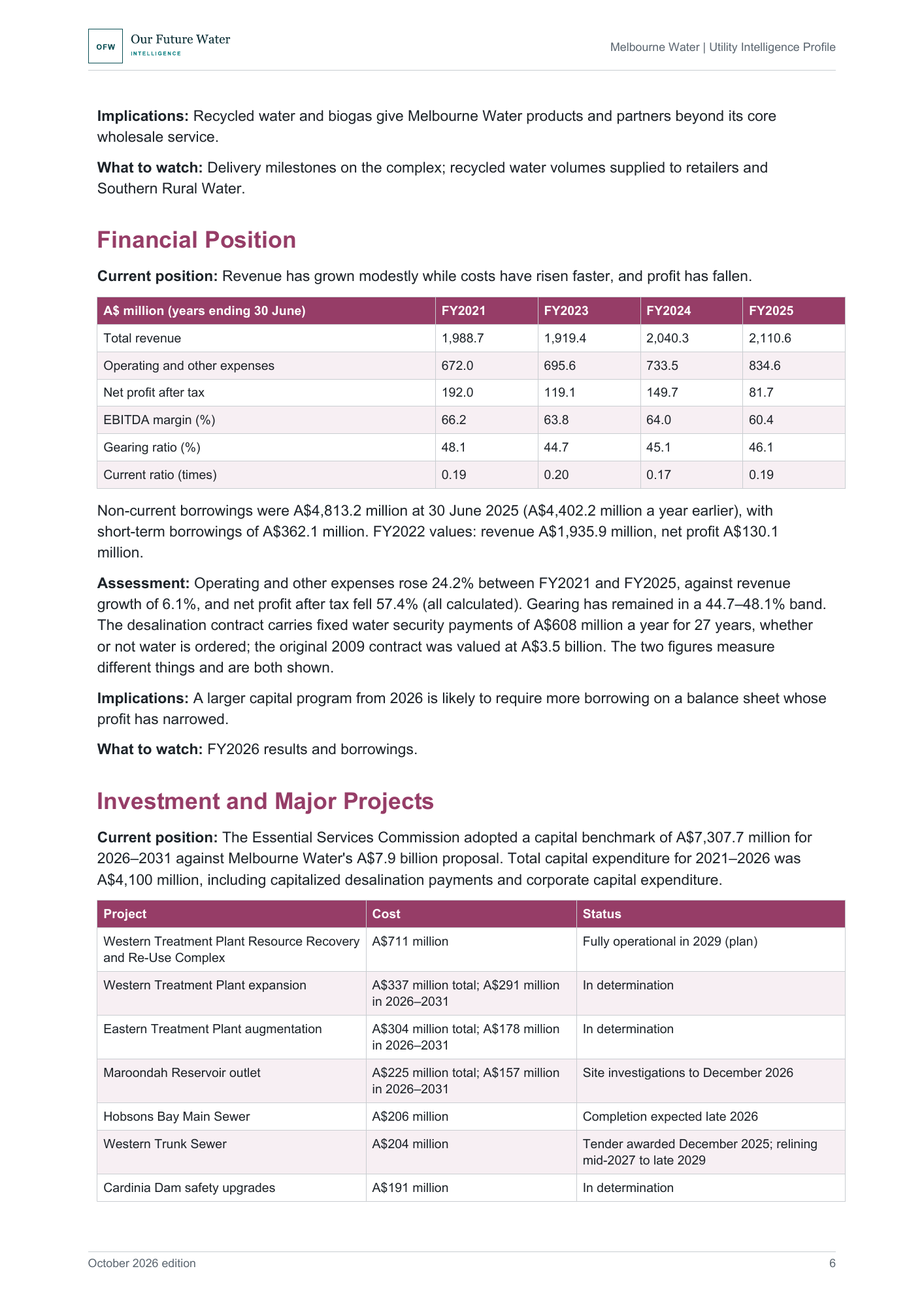 Report page with a financial table from FY2021 to FY2025 and a table of major projects with costs and status.