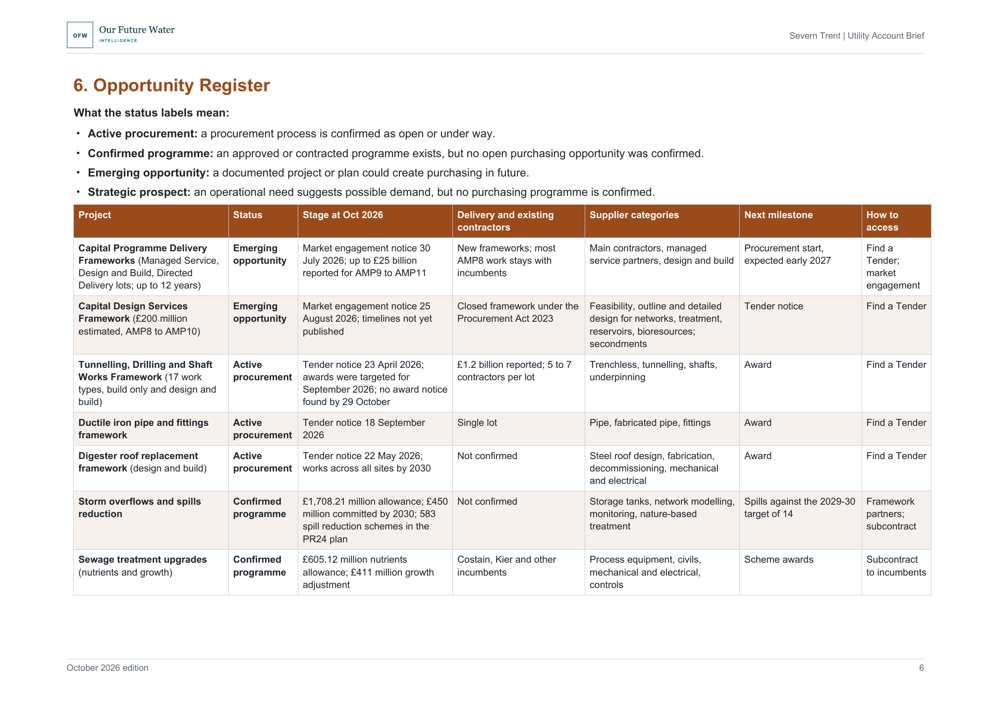 Report page with an Opportunity Register table covering capital delivery, design services, tunnelling, pipe and digester roof frameworks, storm overflows and sewage treatment upgrades.